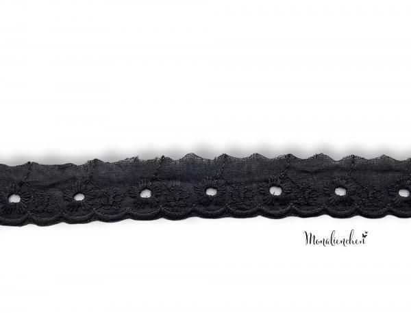 Baumwoll Wäschespitze Stickerei mit Blümchen 25 mm Schwarz