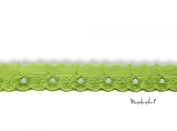 Baumwoll Wäschespitze Stickerei mit Blümchen 25 mm Hellgrün
